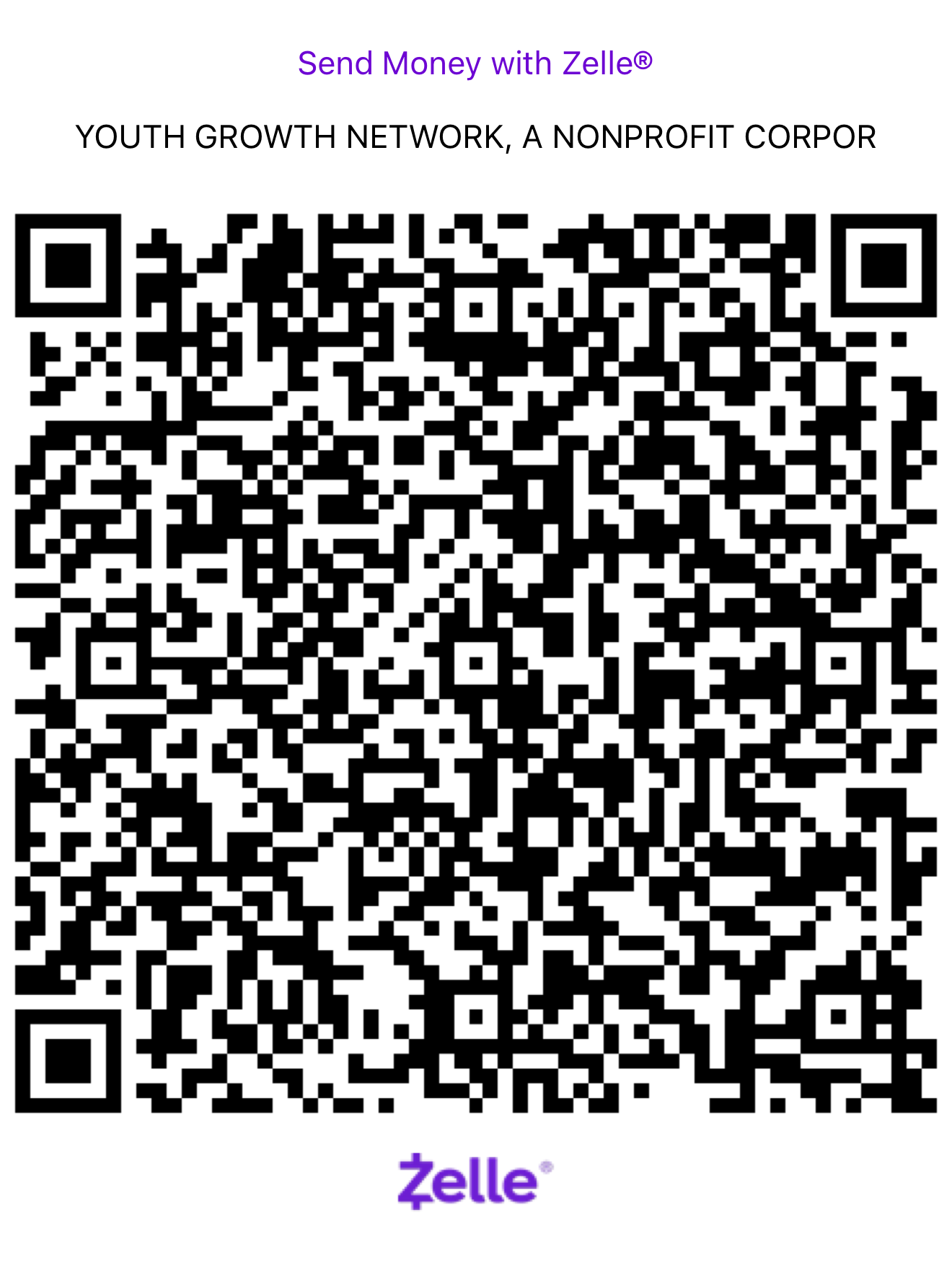 Zelle QR code — Youth Growth Network, a Nonprofit Corporation